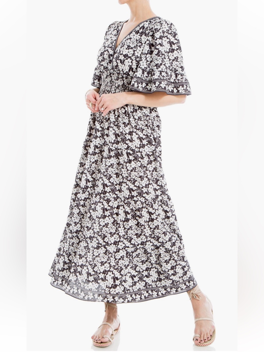 Max Studio smocked waist midi dress, v-neckline and flutter sleeves, size M.